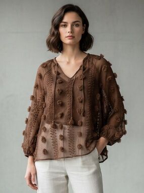 Calypso St Barth Brown Taffeta Blouse L Boho Sheer Tassel tie Fairy Whimsical